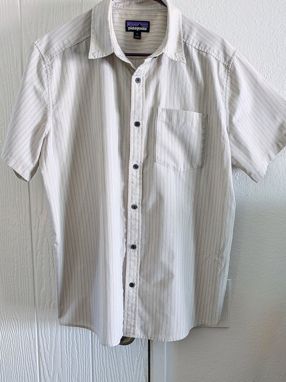 Patagonia Short Sleeve Button-Down Shirt in Cream with Subtle Gray Beige Stripes